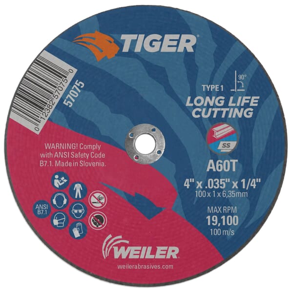 Tiger 57075 Flat Long Life Performance Cut Cutting Wheel, 4 in Dia x 0.035 in THK, 1/4 in Center Hole, 60 Grit, Aluminum Oxide Abrasive