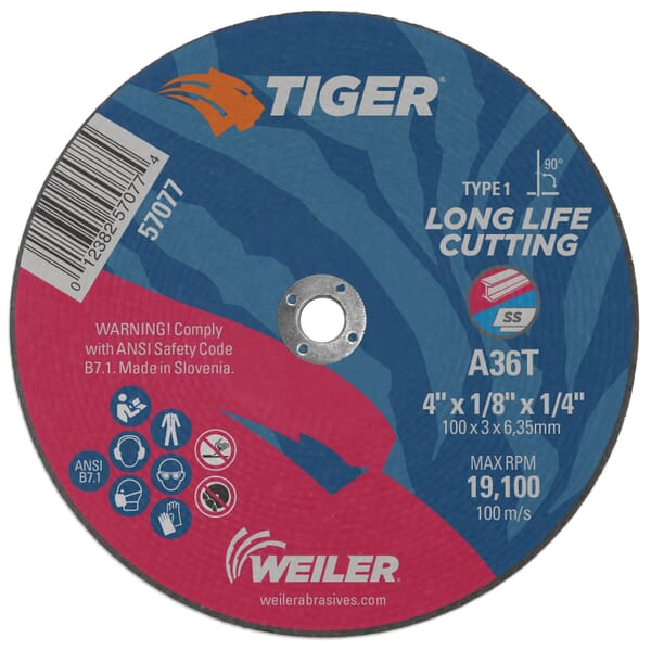 Tiger 57077 Flat Long Life Performance Cut Cutting Wheel, 4 in Dia x 1/8 in THK, 1/4 in Center Hole, 36 Grit, Aluminum Oxide Abrasive