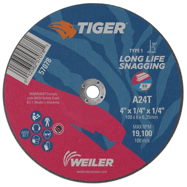 Tiger 57078 Performance Snagging Wheel, 4 in Dia Max, 1/4 in THK, Type 1 Shape