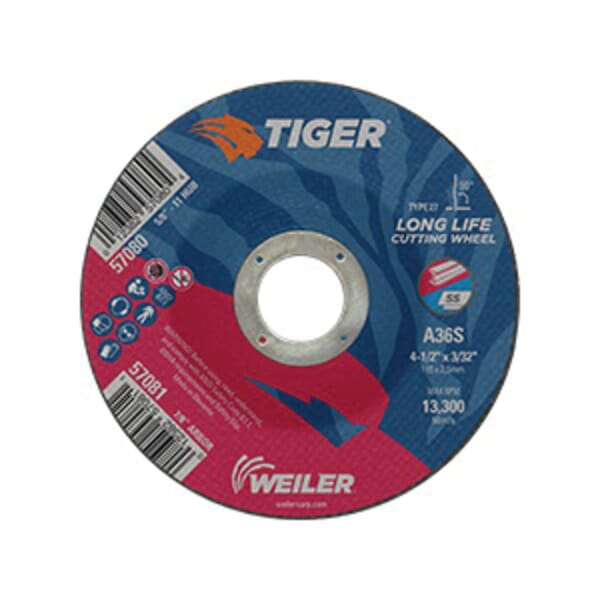 Tiger 57080 Long Life Performance Line Depressed Center Cutting Wheel, 4-1/2 in Dia x 3/32 in THK, 60 Grit, Premium Aluminum Oxide Abrasive