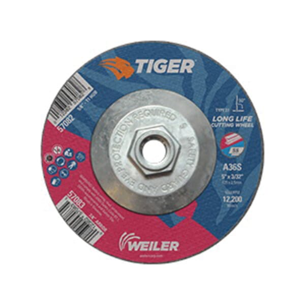 Tiger 57082 Long Life Performance Line Depressed Center Cutting Wheel, 5 in Dia x 3/32 in THK, 60 Grit, Premium Aluminum Oxide Abrasive