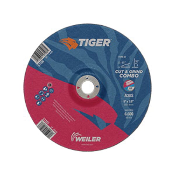 Tiger 57107 Combination Long Life Performance Line Depressed Center Combo Wheel, 9 in Dia x 1/8 in THK, 7/8 in Center Hole, 30 Grit, Premium Aluminum Oxide Abrasive
