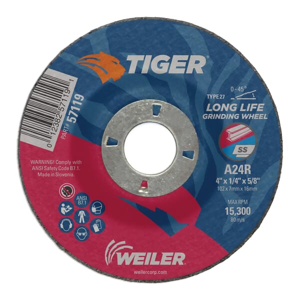 Tiger 57119 Performance Grinding Wheel, 4 in Dia Max, 1/4 in THK, Type 27 Shape