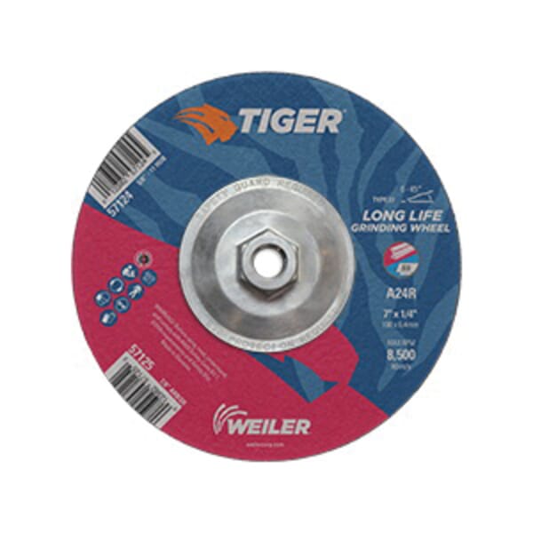 Tiger 57124 Performance Line Depressed Center Grinding Wheel, 7 in Dia x 1/4 in THK, 24 Grit, Premium Aluminum Oxide Abrasive