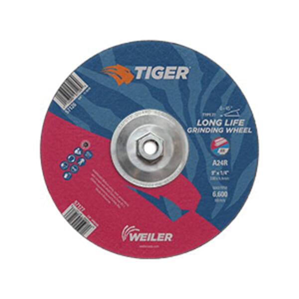Tiger 57126 Performance Line Depressed Center Grinding Wheel, 9 in Dia x 1/4 in THK, 24 Grit, Premium Aluminum Oxide Abrasive
