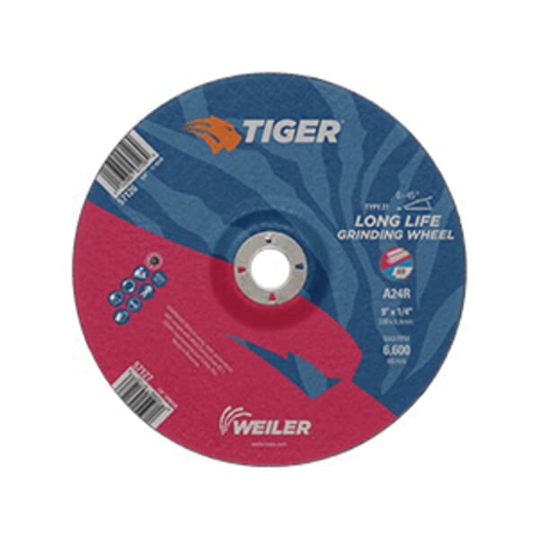 Tiger 57127 Performance Line Depressed Center Grinding Wheel, 9 in Dia x 1/4 in THK, 7/8 in Center Hole, 24 Grit, Premium Aluminum Oxide Abrasive