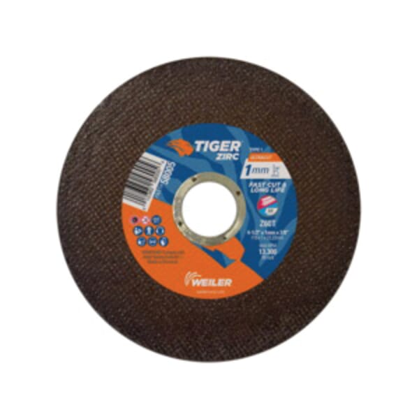 Tiger 58005 Fast and Long Life Super Thin Ultra Cut Cut-Off Wheel, 4-1/2 in Dia x 1 mm THK, 7/8 in Center Hole, Z60T Grit, Zirconia Alumina Abrasive
