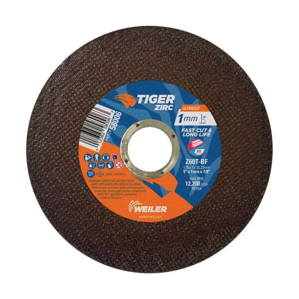 Tiger 58006 Fast and Long Life Super Thin Ultra Cut Cut-Off Wheel, 5 in Dia x 1 mm THK, 7/8 in Center Hole, Z60T Grit, Zirconia Alumina Abrasive