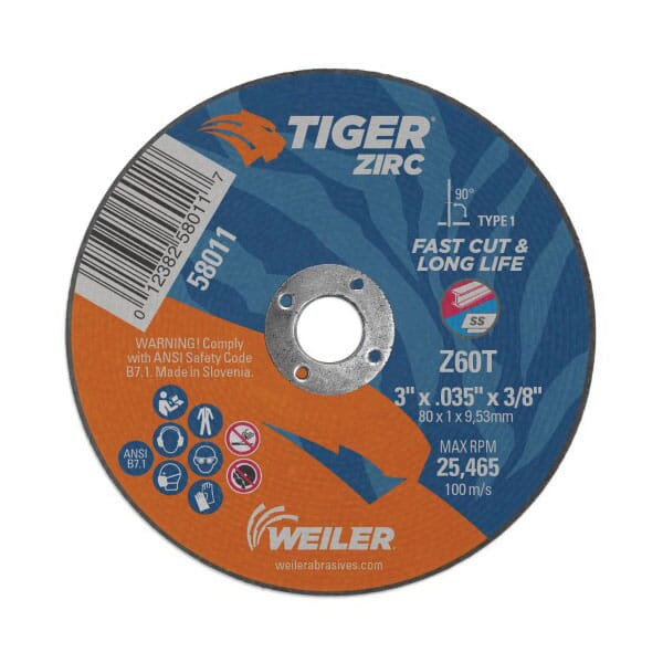 Tiger 58011 Flat High Performance Fast Cut and Long Life Cutting Wheel, 3 in Dia x 0.035 in THK, 3/8 in Center Hole, 60 Grit, Zirconia Alumina Abrasive