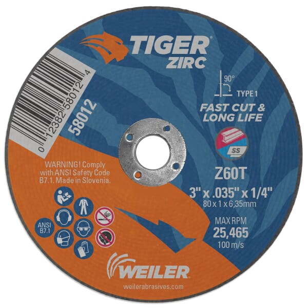 Tiger 58012 Flat High Performance Fast Cut and Long Life Cutting Wheel, 3 in Dia x 0.035 in THK, 1/4 in Center Hole, 60 Grit, Zirconia Alumina Abrasive