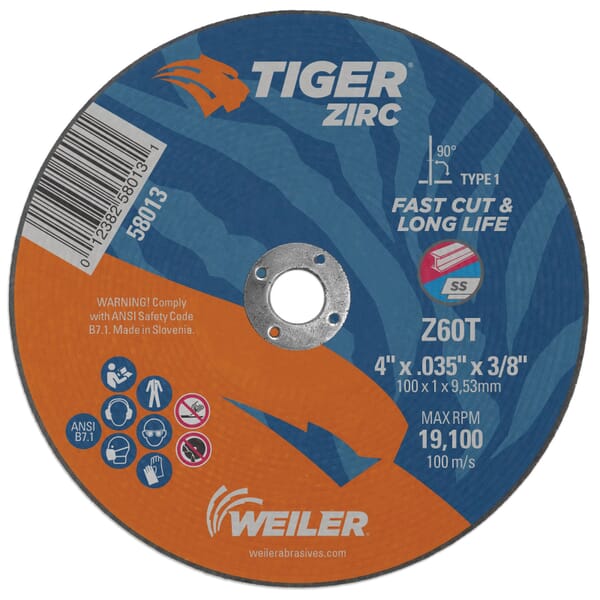 Tiger 58013 Flat High Performance Fast Cut and Long Life Cutting Wheel, 4 in Dia x 0.035 in THK, 3/8 in Center Hole, 60 Grit, Zirconia Alumina Abrasive