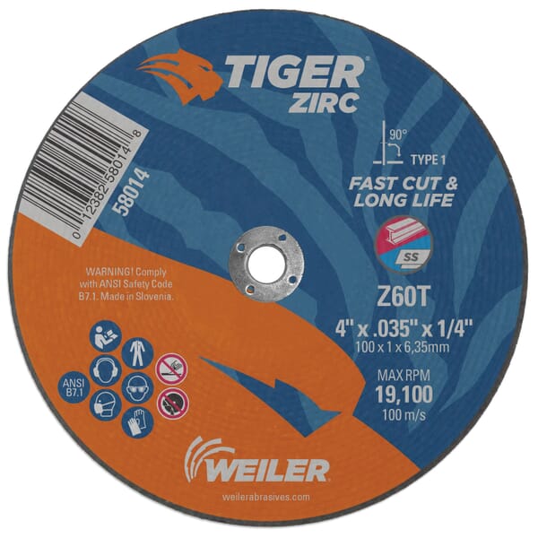 Tiger 58014 Flat High Performance Fast Cut and Long Life Cutting Wheel, 4 in Dia x 0.035 in THK, 1/4 in Center Hole, 60 Grit, Zirconia Alumina Abrasive