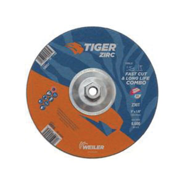 Tiger 58057 Combination Fast and Long Life Performance Line Depressed Center Combo Wheel, 9 in Dia x 1/8 in THK, 30 Grit, Zirconia Alumina Abrasive