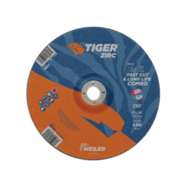 Tiger 58058 Combination Fast and Long Life Performance Line Depressed Center Combo Wheel, 9 in Dia x 1/8 in THK, 7/8 in Center Hole, 30 Grit, Zirconia Alumina Abrasive