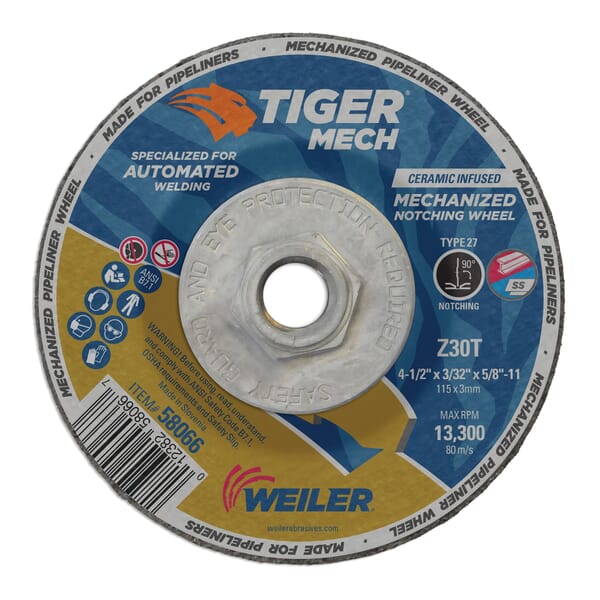 Tiger 58066 90 deg Notching Maximum Performance Cutting Wheel, 4-1/2 in Dia x 3/32 in THK, 5/8-11 UNC Center Hole, 30 Grit, Ceramic/Zirconia Alumina Abrasive