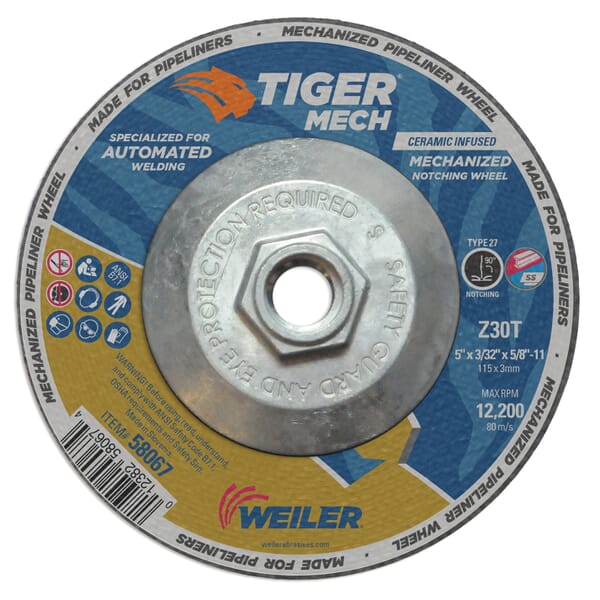 Tiger 58067 90 deg Notching Maximum Performance Cutting Wheel, 5 in Dia x 3/32 in THK, 5/8-11 UNC Center Hole, 30 Grit, Ceramic/Zirconia Alumina Abrasive