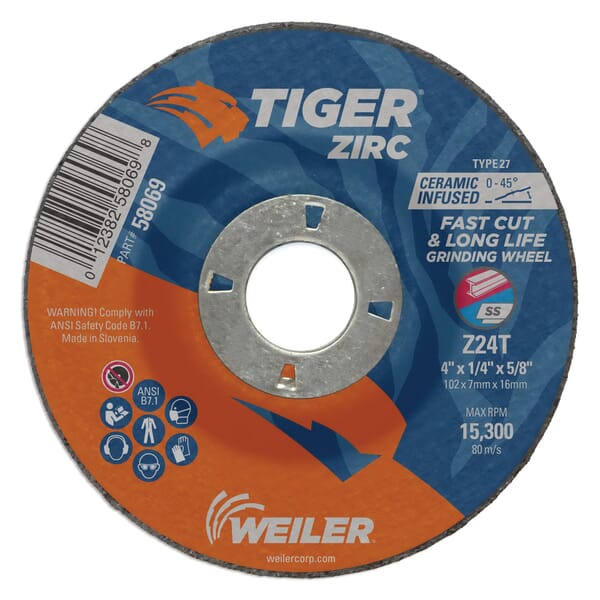 Tiger 58069 High Performance Grinding Wheel, 4 in Dia x 1/4 in THK, 5/8-11 UNC Center Hole, 24 Grit, Aluminum Oxide Abrasive