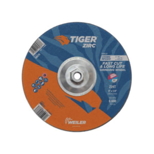 Tiger 58076 Performance Line Depressed Center Grinding Wheel, 9 in Dia x 1/4 in THK, 24 Grit, Zirconia Alumina Abrasive