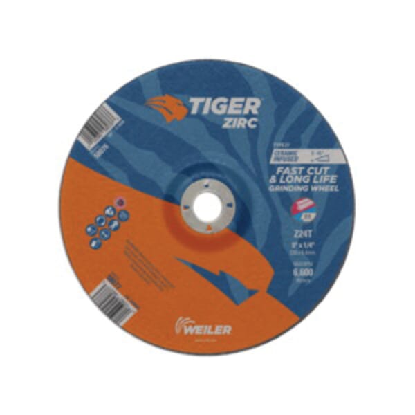 Tiger 58077 Performance Line Depressed Center Grinding Wheel, 9 in Dia x 1/4 in THK, 7/8 in Center Hole, 24 Grit, Zirconia Alumina Abrasive