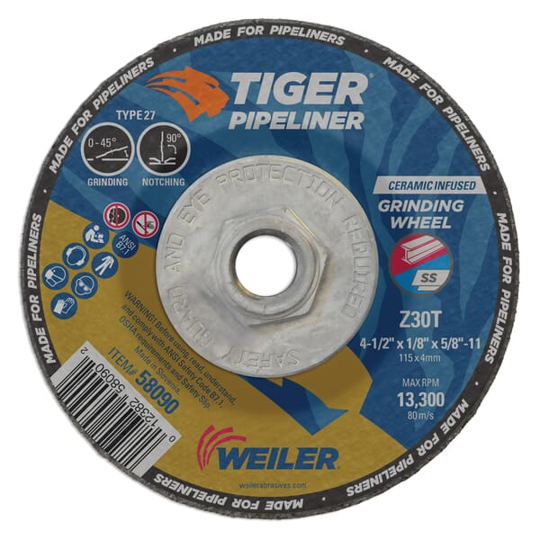 Tiger 58090 Maximum Performance Grinding Wheel, 4-1/2 in Dia x 1/8 in THK, 5/8-11 UNC Center Hole, 30 Grit, Ceramic/Zirconia Alumina Abrasive