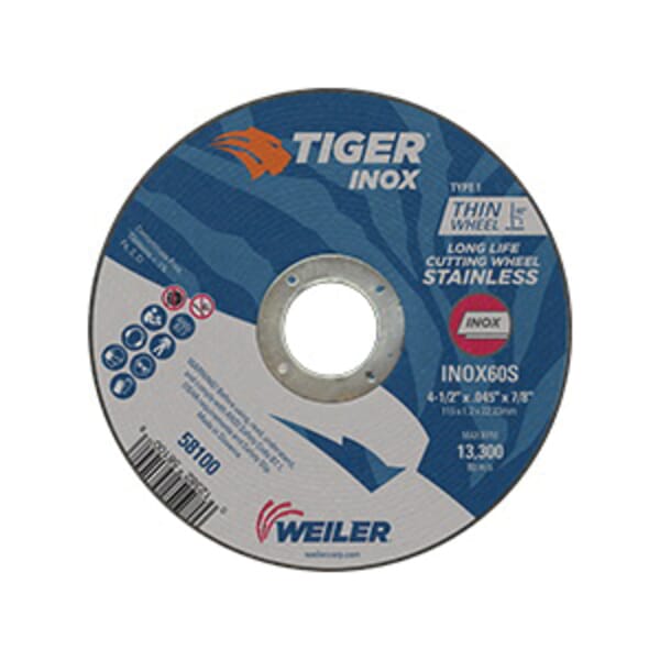 Tiger INOX 58100 Flat Long Life Performance Line Thin Cut-Off Wheel, 4-1/2 in Dia x 0.045 in THK, 7/8 in Center Hole, 60S Grit, White Aluminum Oxide Abrasive
