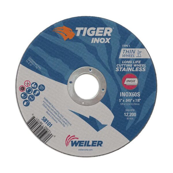 Tiger INOX 58101 Flat Long Life Performance Line Thin Cut-Off Wheel, 5 in Dia x 0.045 in THK, 7/8 in Center Hole, 60S Grit, White Aluminum Oxide Abrasive