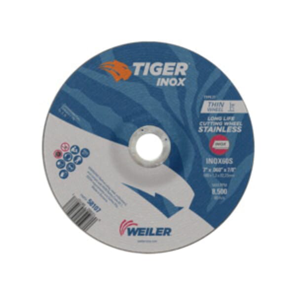 Tiger INOX 58107 Contaminant-Free Long Life Performance Line Thin Depressed Center Cutting Wheel, 7 in Dia x 0.06 in THK, 7/8 in Center Hole, 60 Grit, White Aluminum Oxide Abrasive
