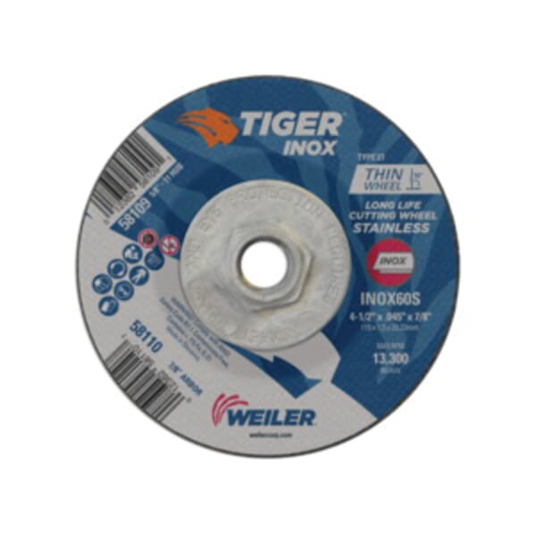 Tiger INOX 58109 Contaminant-Free Long Life Performance Line Thin Depressed Center Cutting Wheel, 4-1/2 in Dia x 0.045 in THK, 60 Grit, White Aluminum Oxide Abrasive