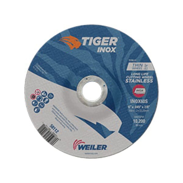 Tiger INOX 58112 Contaminant-Free Long Life Performance Line Thin Depressed Center Cutting Wheel, 6 in Dia x 0.045 in THK, 7/8 in Center Hole, 60 Grit, White Aluminum Oxide Abrasive