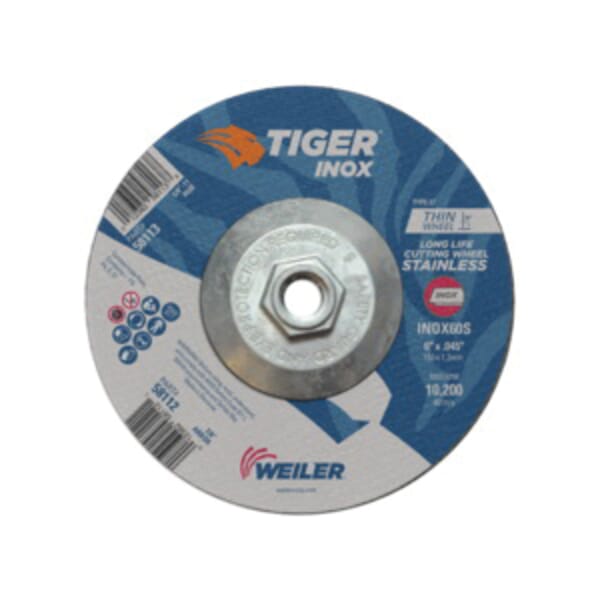 Tiger INOX 58113 Contaminant-Free Long Life Performance Line Thin Depressed Center Cutting Wheel, 6 in Dia x 0.045 in THK, 60 Grit, White Aluminum Oxide Abrasive