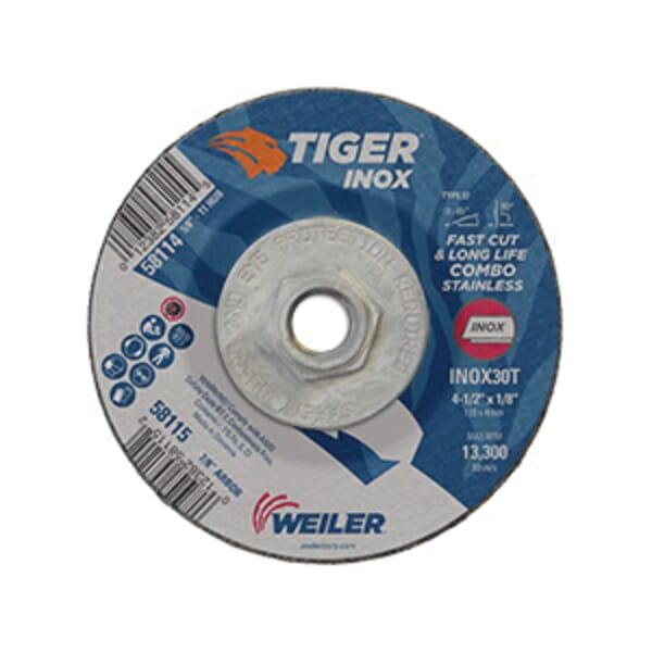 Tiger INOX 58114 Combination Contaminant-Free Long Life Performance Line Depressed Center Combo Wheel, 4-1/2 in Dia x 1/8 in THK, 30 Grit, White Aluminum Oxide Abrasive