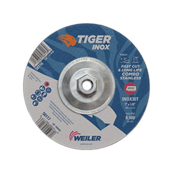 Tiger INOX 58116 Combination Contaminant-Free Long Life Performance Line Depressed Center Combo Wheel, 7-1/8 in Dia x 1/8 in THK, 30 Grit, White Aluminum Oxide Abrasive