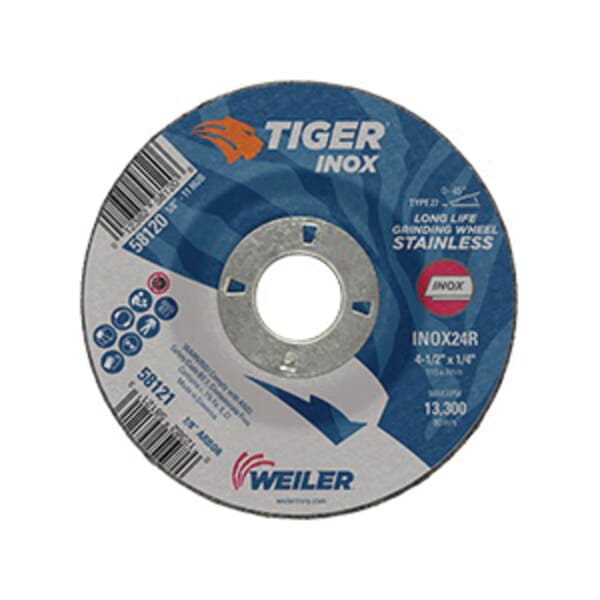 Tiger INOX 58121 Contaminant-Free Performance Line Depressed Center Grinding Wheel, 4-1/2 in Dia x 1/4 in THK, 7/8 in Center Hole, 24 Grit, White Aluminum Oxide Abrasive