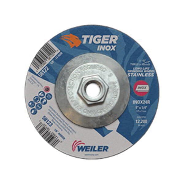 Tiger INOX 58122 Contaminant-Free Performance Line Depressed Center Grinding Wheel, 5 in Dia x 1/4 in THK, 24 Grit, White Aluminum Oxide Abrasive
