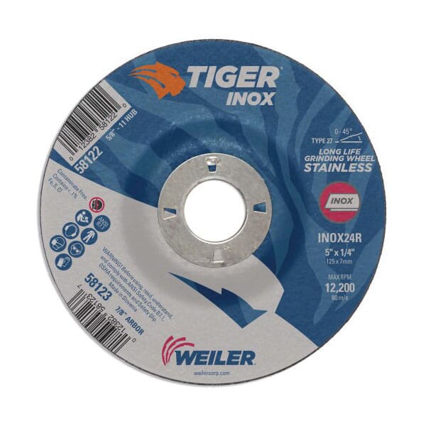 Tiger INOX 58123 Contaminant-Free Performance Line Depressed Center Grinding Wheel, 5 in Dia x 1/4 in THK, 7/8 in Center Hole, 24 Grit, White Aluminum Oxide Abrasive