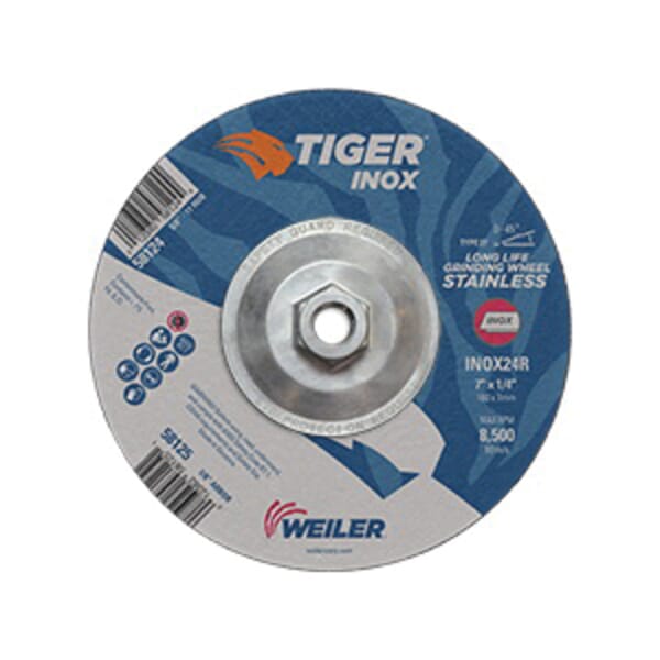 Tiger INOX 58124 Contaminant-Free Performance Line Depressed Center Grinding Wheel, 7 in Dia x 1/4 in THK, 24 Grit, White Aluminum Oxide Abrasive