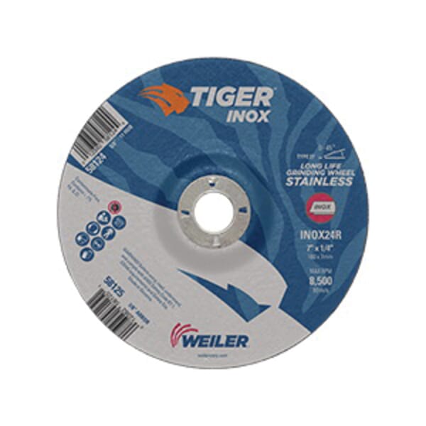 Tiger INOX 58125 Contaminant-Free Performance Line Depressed Center Grinding Wheel, 7 in Dia x 1/4 in THK, 7/8 in Center Hole, 24 Grit, White Aluminum Oxide Abrasive