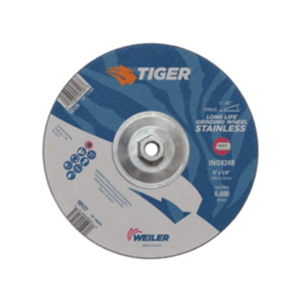 Tiger INOX 58126 Contaminant-Free Performance Line Depressed Center Grinding Wheel, 9 in Dia x 1/4 in THK, 24 Grit, White Aluminum Oxide Abrasive