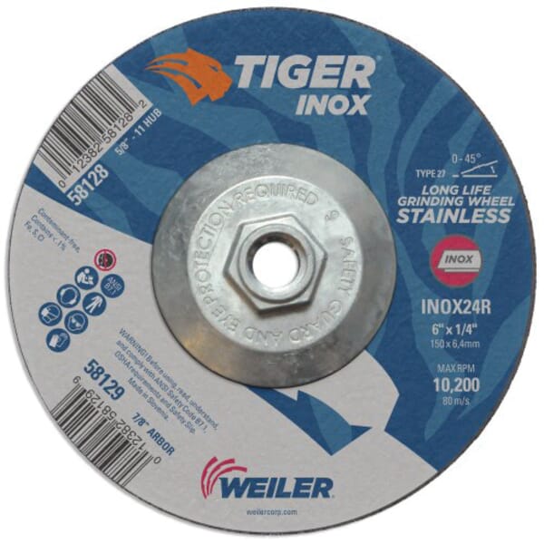 Tiger 58128 High Performance Grinding Wheel, 6 in Dia x 1/4 in THK, 5/8-11 UNC Center Hole, 24 Grit, Aluminum Oxide Abrasive