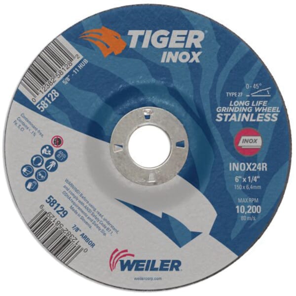 Tiger 58129 High Performance Grinding Wheel, 6 in Dia x 1/4 in THK, 7/8 in Center Hole, 24 Grit, Aluminum Oxide Abrasive