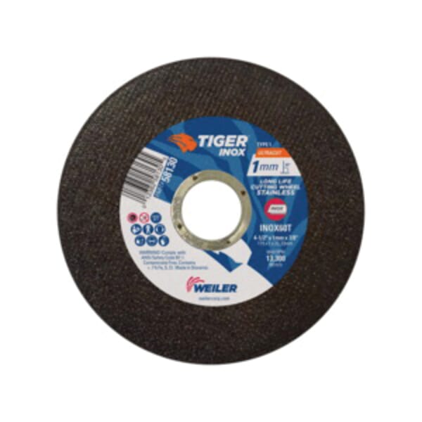Tiger INOX 58130 Fast and Long Life Ultra Thin Ultra Cut Cut-Off Wheel, 4-1/2 in Dia x 1 mm THK, 7/8 in Center Hole, 60T Grit, White Aluminum Oxide Abrasive