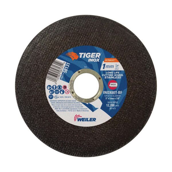 Tiger INOX 58131 Fast and Long Life Ultra Thin Ultra Cut Cut-Off Wheel, 5 in Dia x 1 mm THK, 7/8 in Center Hole, 60T Grit, White Aluminum Oxide Abrasive
