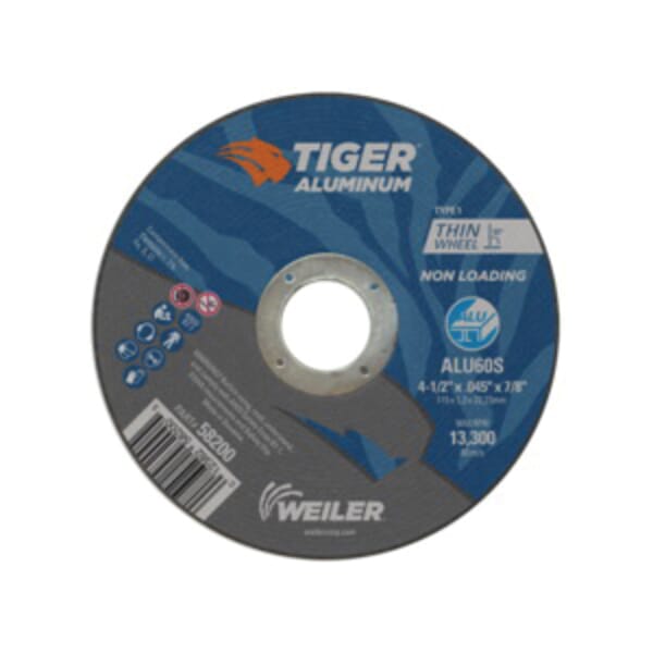 Tiger 58200 Long Life Non-Loading Performance Line Cut-Off Wheel, 4-1/2 in Dia x 0.045 in THK, 7/8 in Center Hole, 60S Grit, Aluminum Oxide/Silicon Carbide Abrasive