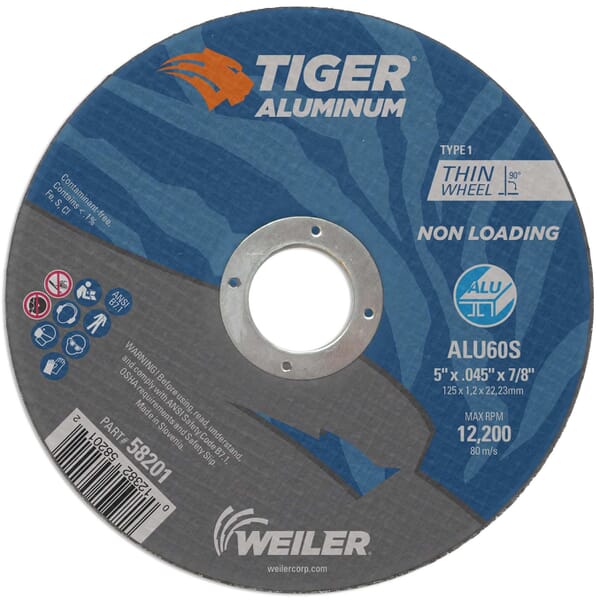 Tiger Aluminum 58201 Long Life Non-Loading Performance Line Cut-Off Wheel, 5 in Dia 0.045 in THK, 7/8 in Center Hole, 60S Grit