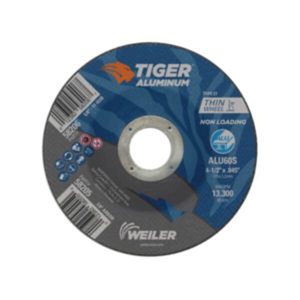 Tiger 58205 Long Life Non-Loading Performance Line Depressed Center Cutting Wheel, 4-1/2 in Dia x 0.045 in THK, 7/8 in Center Hole, 60 Grit, Silicon Carbide/Aluminum Oxide Abrasive