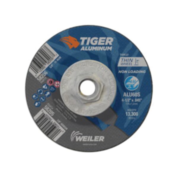 Tiger 58206 Long Life Non-Loading Performance Line Depressed Center Cutting Wheel, 4-1/2 in Dia x 0.045 in THK, 60 Grit, Silicon Carbide/Aluminum Oxide Abrasive