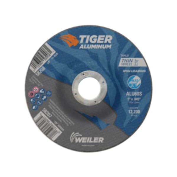 Tiger Aluminum 58207 Long Life Non-Loading Performance Line Depressed Center Cutting Wheel, 5 in Dia 0.045 in THK, 7/8 in Center Hole, 60 Grit, Silicon Carbide/Aluminum Oxide Abrasive