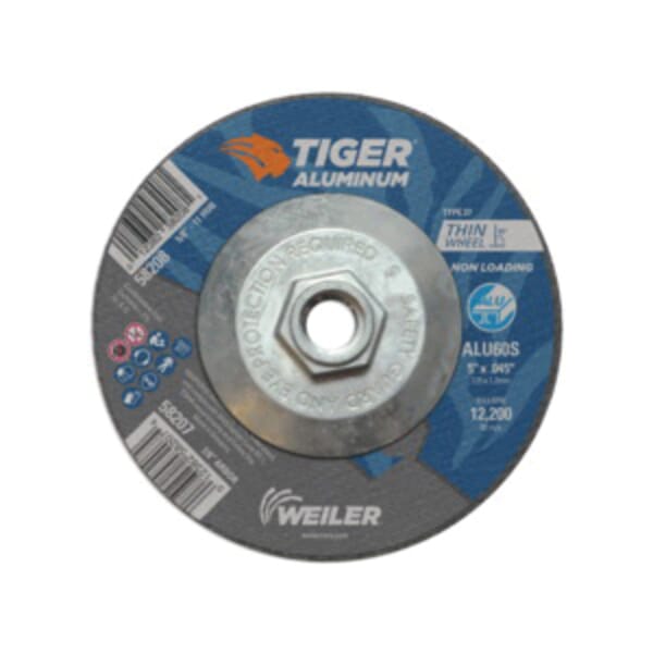 Tiger 58208 Long Life Non-Loading Performance Line Depressed Center Cutting Wheel, 5 in Dia x 0.045 in THK, 60 Grit, Silicon Carbide/Aluminum Oxide Abrasive