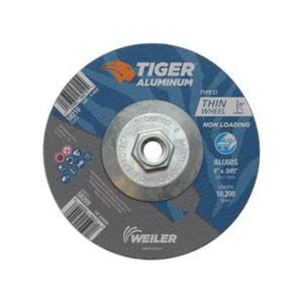 Tiger 58210 Long Life Non-Loading Performance Line Depressed Center Cutting Wheel, 6 in Dia x 0.045 in THK, 60 Grit, Silicon Carbide/Aluminum Oxide Abrasive