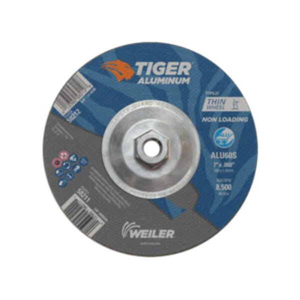 Tiger 58212 Long Life Non-Loading Performance Line Depressed Center Cutting Wheel, 7 in Dia x 0.06 in THK, 60 Grit, Silicon Carbide/Aluminum Oxide Abrasive